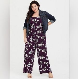 Purple Floral Wide Leg Challis Jumpsuit